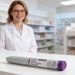Stylo injecteur Mounjaro KwikPen posé sur un comptoir de pharmacie