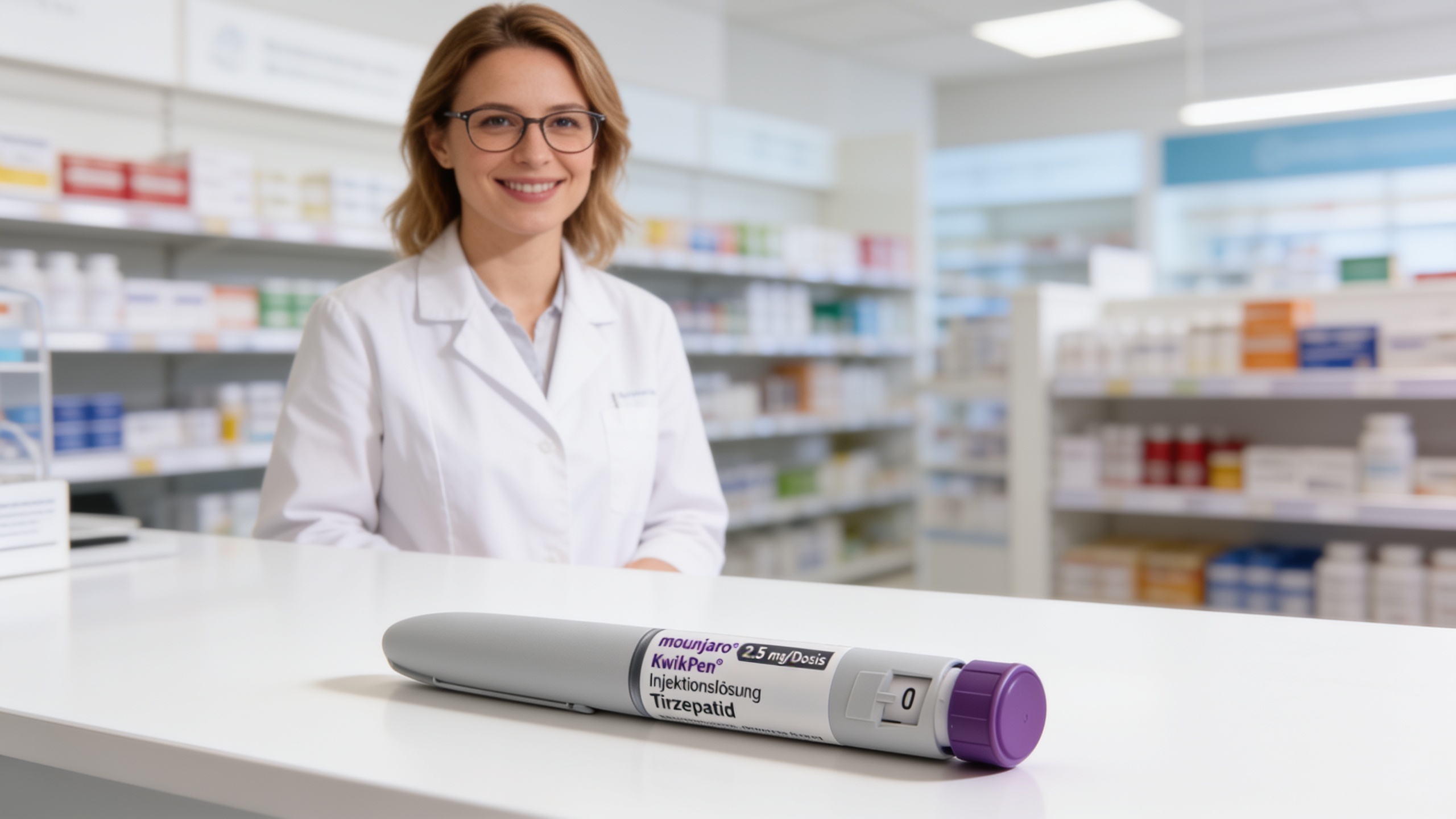 Stylo injecteur Mounjaro KwikPen posé sur un comptoir de pharmacie