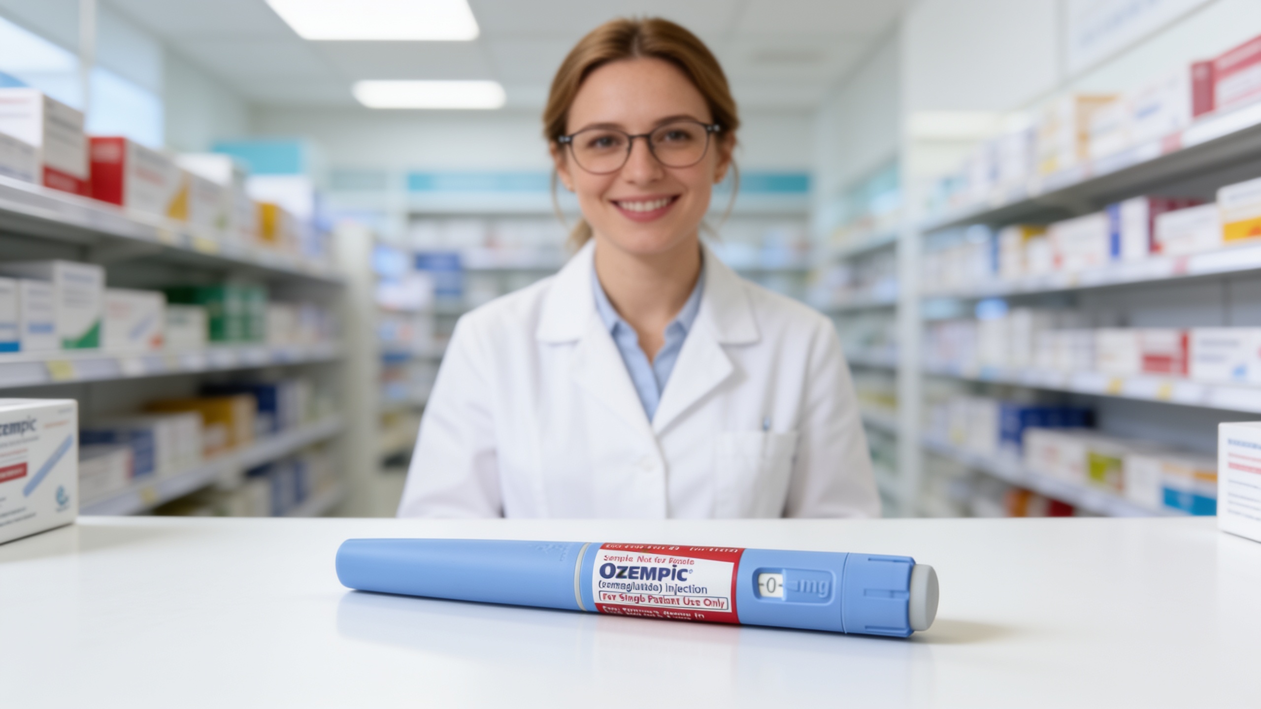 Stylo injecteur Ozempic posé sur un comptoir de pharmacie