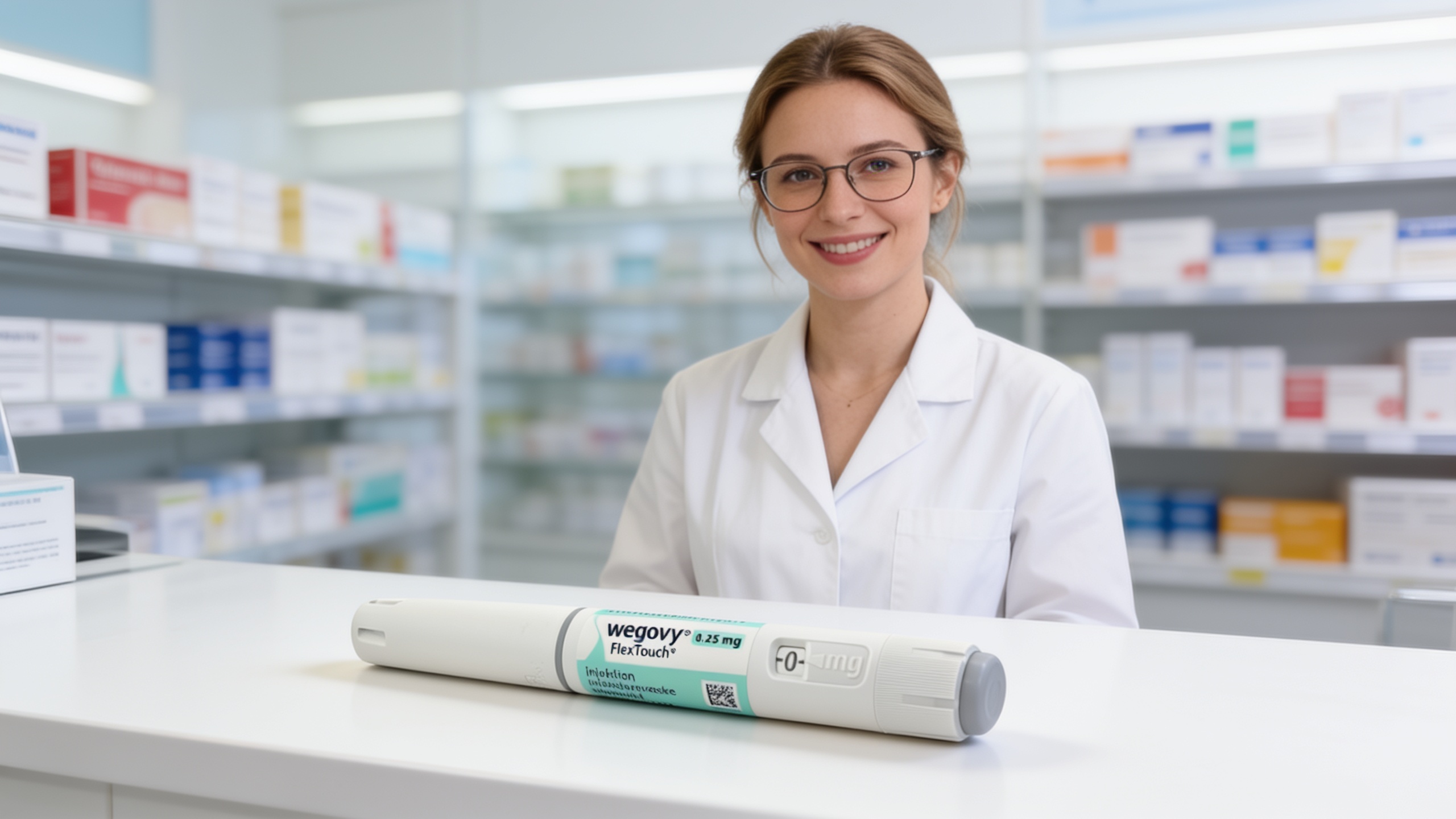 Stylo injecteur Wegovy FlexTouch posé sur un comptoir de pharmacie